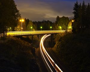 Preview wallpaper railroad, bridge, neon, glow, long exposure