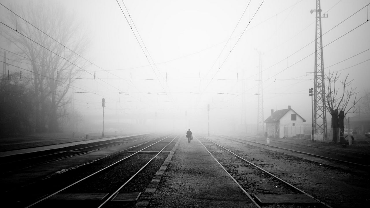 Wallpaper railroad, fog, night, lonely, black and white