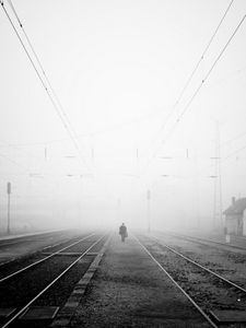 Preview wallpaper railroad, fog, night, lonely, black and white