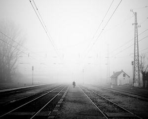 Preview wallpaper railroad, fog, night, lonely, black and white