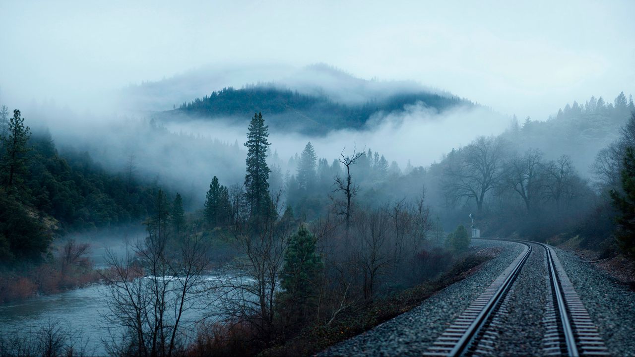 Wallpaper railroad, fog, trees, lake, mountain