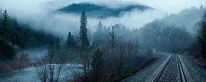 Preview wallpaper railroad, fog, trees, lake, mountain