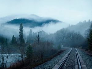 Preview wallpaper railroad, fog, trees, lake, mountain