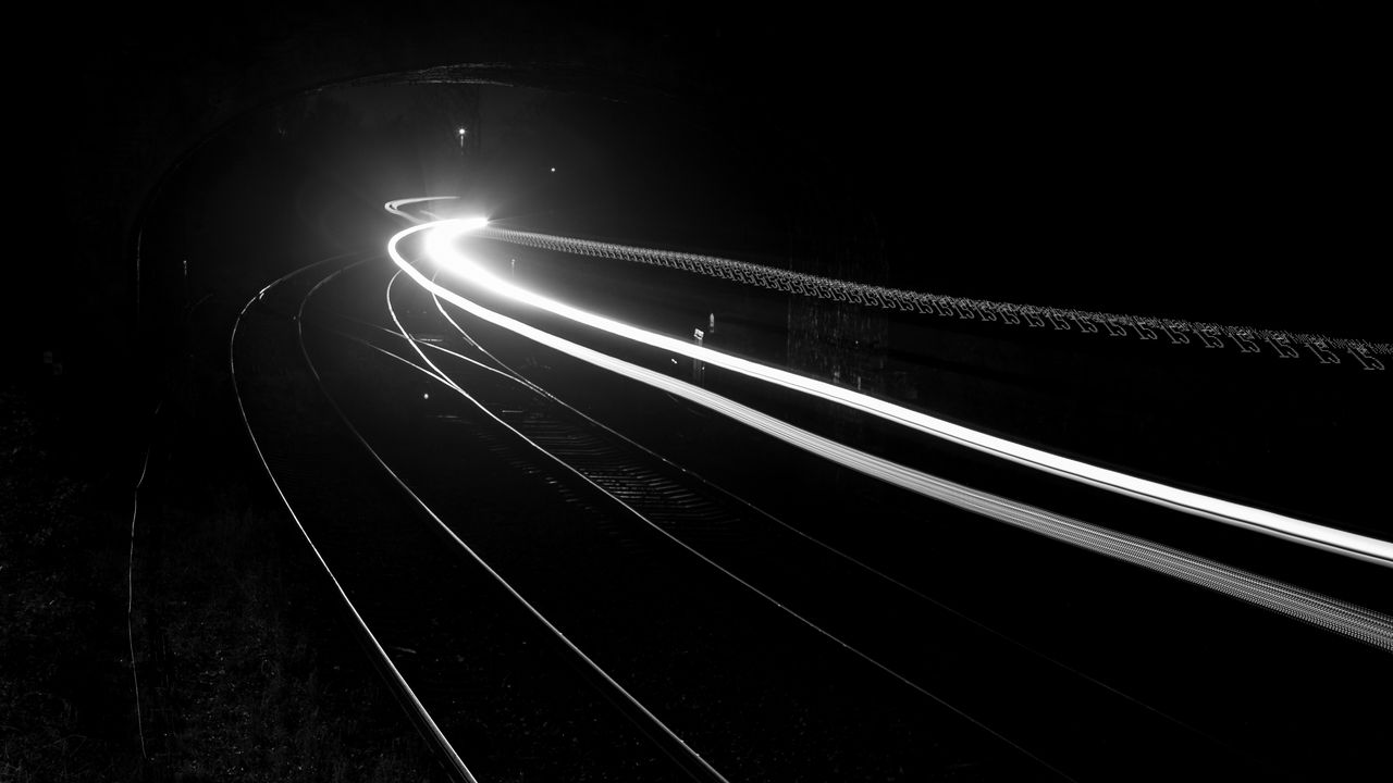 Wallpaper railroad, light, long exposure, black and white, black