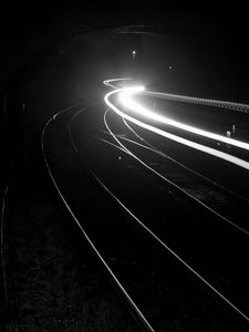 Preview wallpaper railroad, light, long exposure, black and white, black