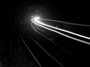 Preview wallpaper railroad, light, long exposure, black and white, black