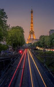 Preview wallpaper railroad, lights, long exposure, eiffel tower, paris