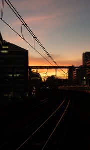 Preview wallpaper railroad, rails, dark, city, dusk