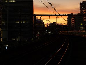 Preview wallpaper railroad, rails, dark, city, dusk