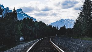 Preview wallpaper railroad, rails, mountains, trees, clouds