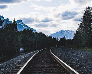 Preview wallpaper railroad, rails, mountains, trees, clouds