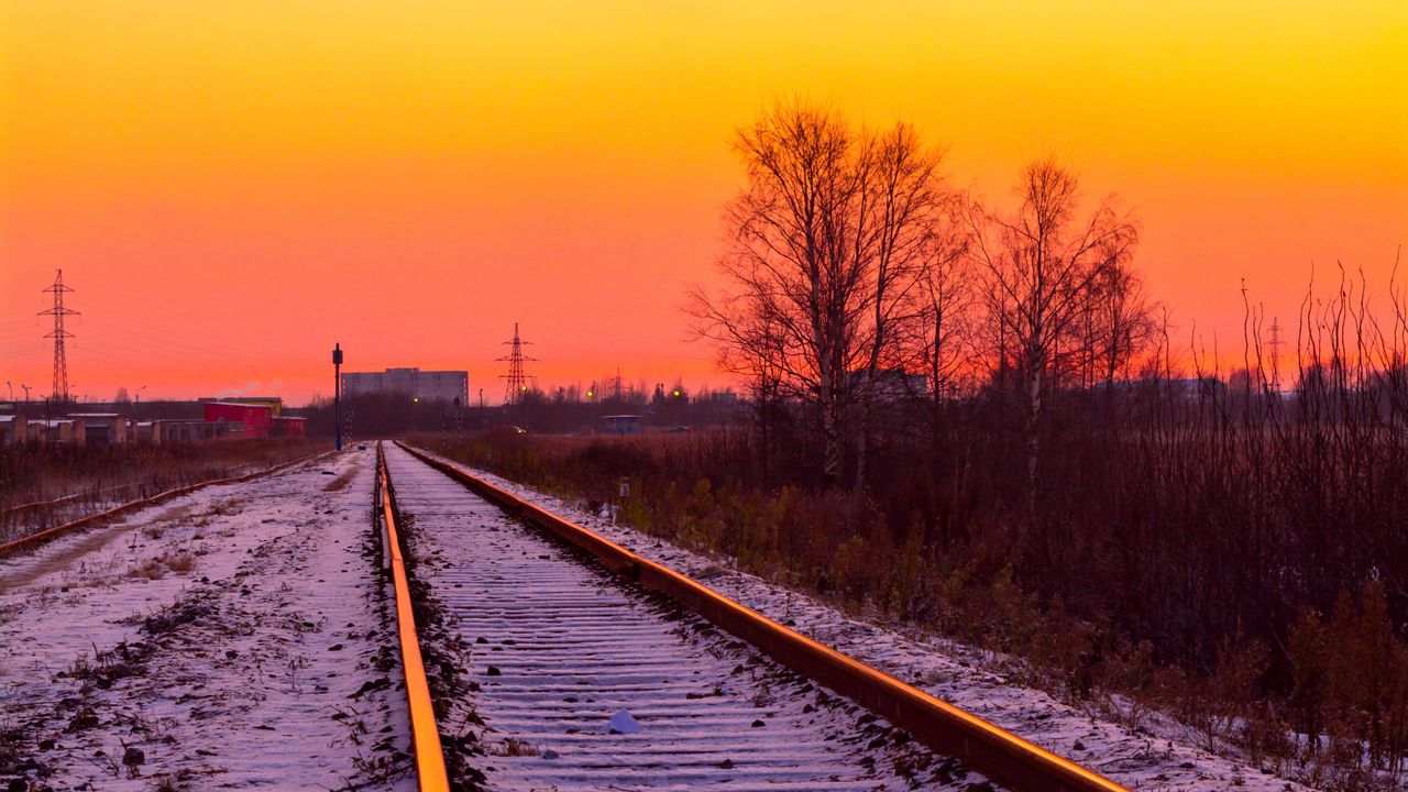 Wallpaper railroad, rails, snow, sunset