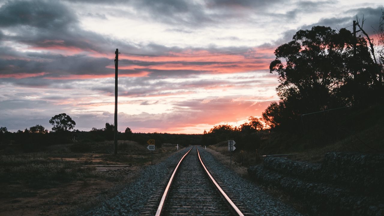 Wallpaper railroad, rails, sunset, pebbles, turn