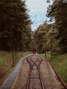 Preview wallpaper railroad, rails, train, trees, nature