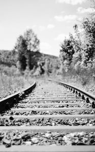 Preview wallpaper railroad, rails, trees, grass, bw