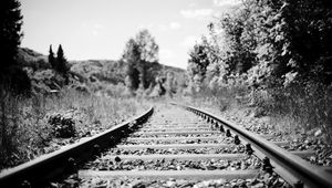 Preview wallpaper railroad, rails, trees, grass, bw