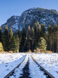 Preview wallpaper railroad, snow, glade, trees, mountains