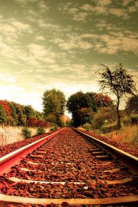 Preview wallpaper railroad, town, road, nature, sky, trees