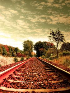 Preview wallpaper railroad, town, road, nature, sky, trees