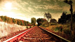 Preview wallpaper railroad, town, road, nature, sky, trees