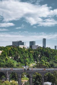 Preview wallpaper railroad, train, buildings, trees, city