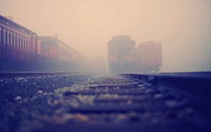 Preview wallpaper railroad train, rails, fog