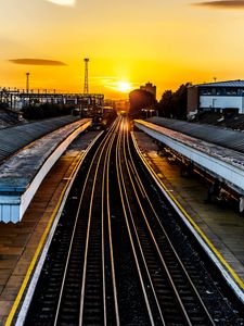 Preview wallpaper railroad, train, sunset