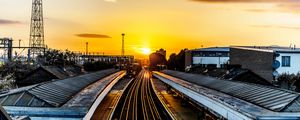 Preview wallpaper railroad, train, sunset