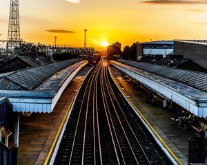 Preview wallpaper railroad, train, sunset