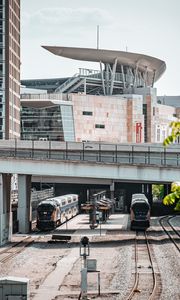 Preview wallpaper railroad, trains, bridge, buildings