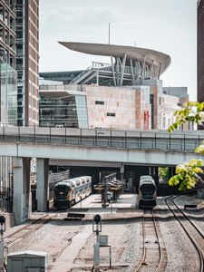 Preview wallpaper railroad, trains, bridge, buildings