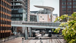 Preview wallpaper railroad, trains, bridge, buildings