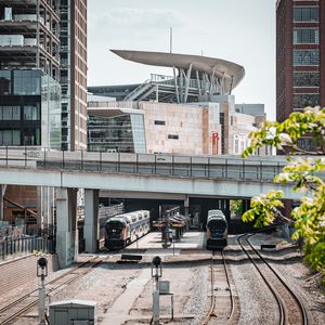 Preview wallpaper railroad, trains, bridge, buildings