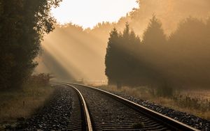 Preview wallpaper railroad, trees, fog, sunlight