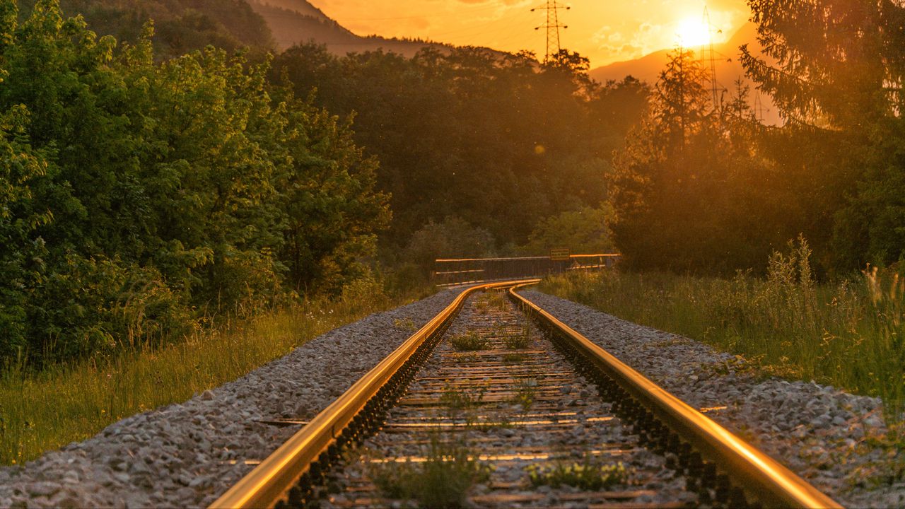 Wallpaper railroad, trees, sunlight, sunset