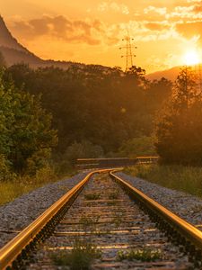 Preview wallpaper railroad, trees, sunlight, sunset