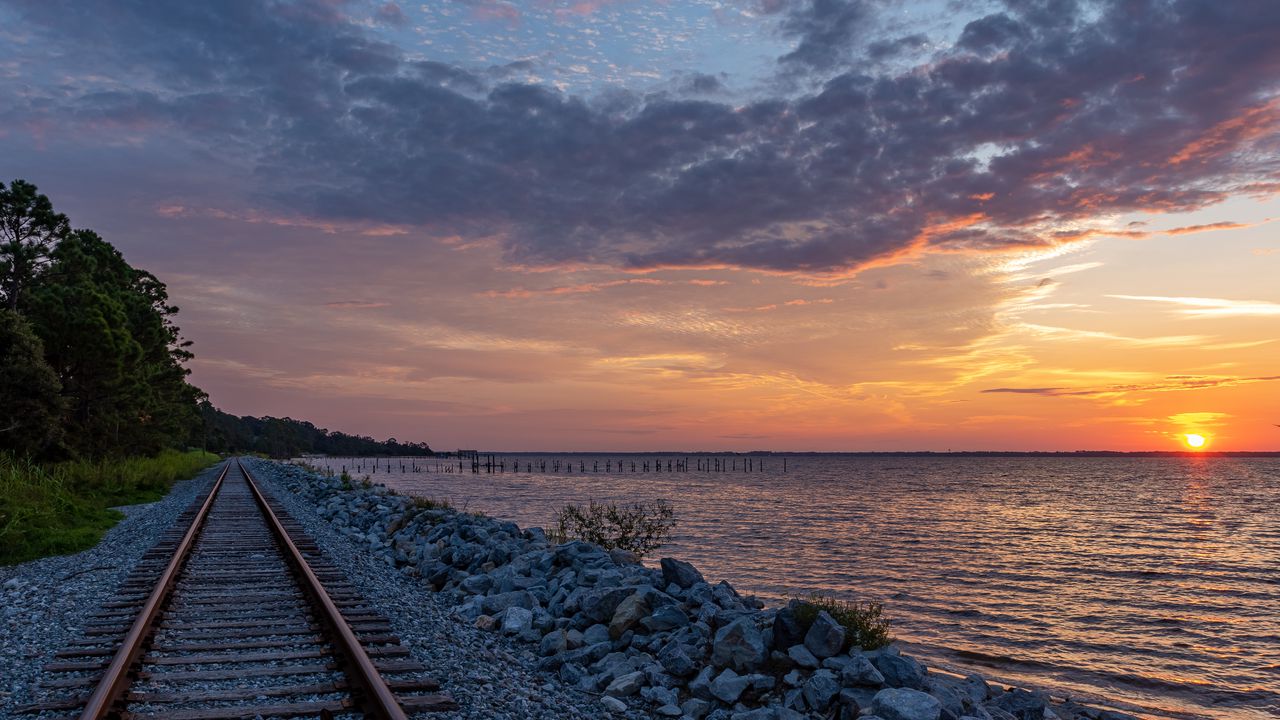 Wallpaper rails, railroad, coast, twilight