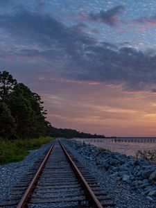 Preview wallpaper rails, railroad, coast, twilight