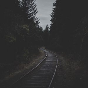 Preview wallpaper rails, railroad, dark, trees, dusk