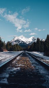 Preview wallpaper rails, railroad, mountain, snow, nature