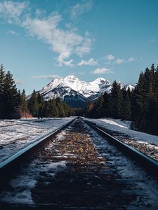 Preview wallpaper rails, railroad, mountain, snow, nature