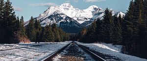 Preview wallpaper rails, railroad, mountain, snow, nature