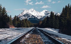 Preview wallpaper rails, railroad, mountain, snow, nature