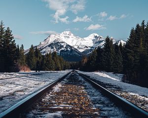 Preview wallpaper rails, railroad, mountain, snow, nature