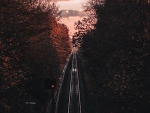 Preview wallpaper rails, railway, aerial view, trees, dusk