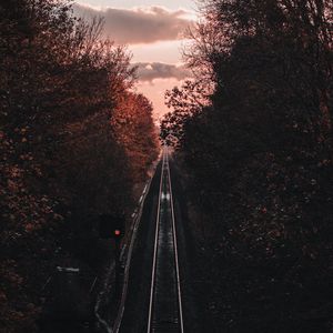 Preview wallpaper rails, railway, aerial view, trees, dusk