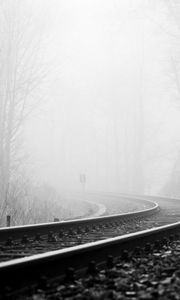 Preview wallpaper rails, railway, fog, turn, black-and-white, gloomy