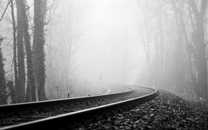 Preview wallpaper rails, railway, fog, turn, black-and-white, gloomy