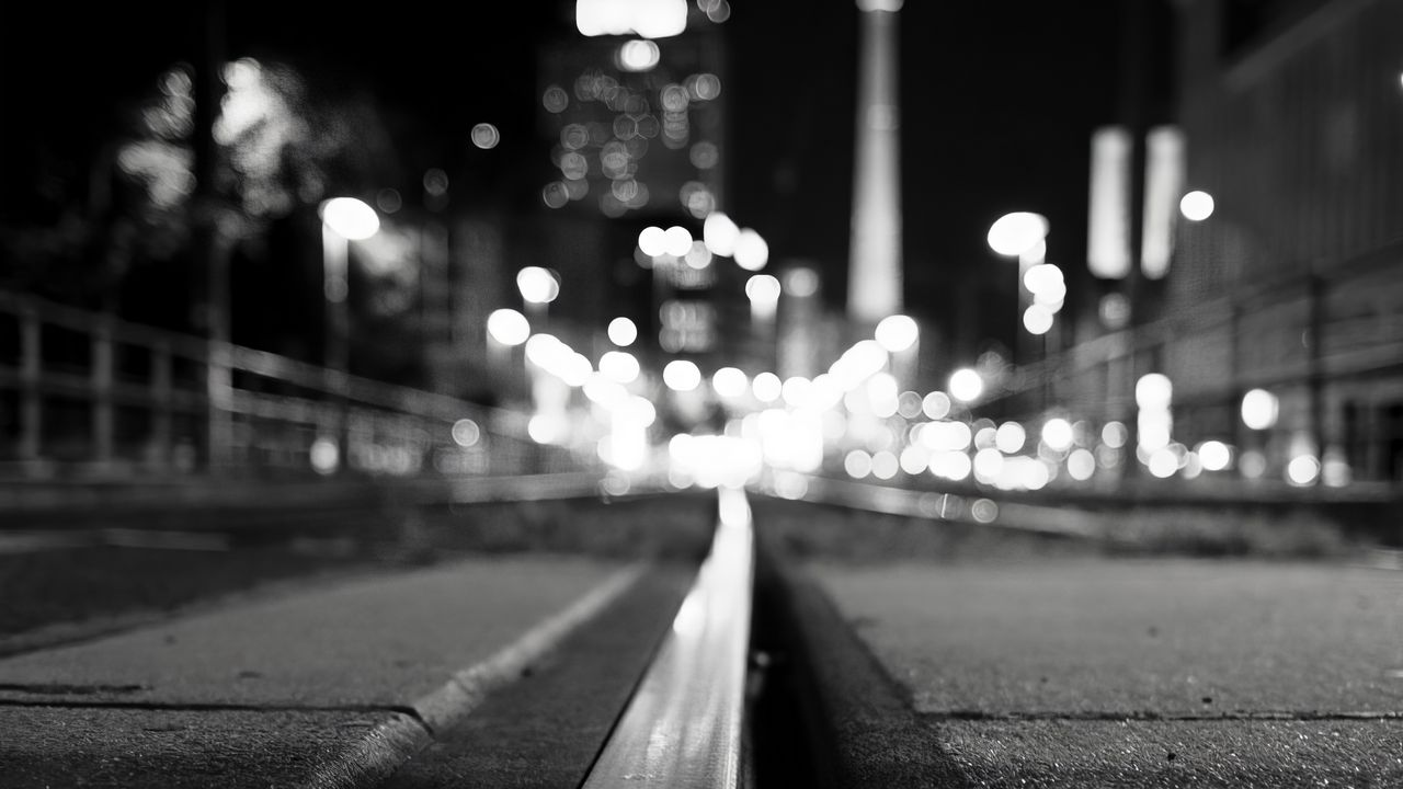 Wallpaper rails, road, lights, blur, bw