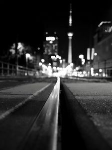 Preview wallpaper rails, road, lights, blur, bw